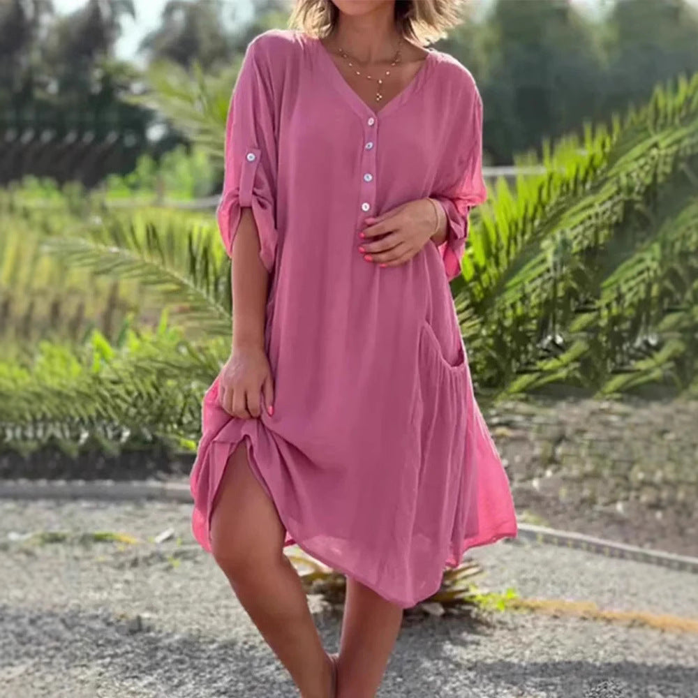 Damen nan luftiges V-Ausschnitt Strandkleid mit Knopfleiste, Krempelärmeln und aufgesetzten Seitentaschen EB