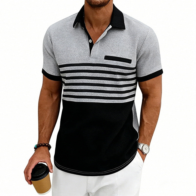 Herren nan Jacquard-Polo mit Blockstreifen, Brustblende und Baumwollmix EB