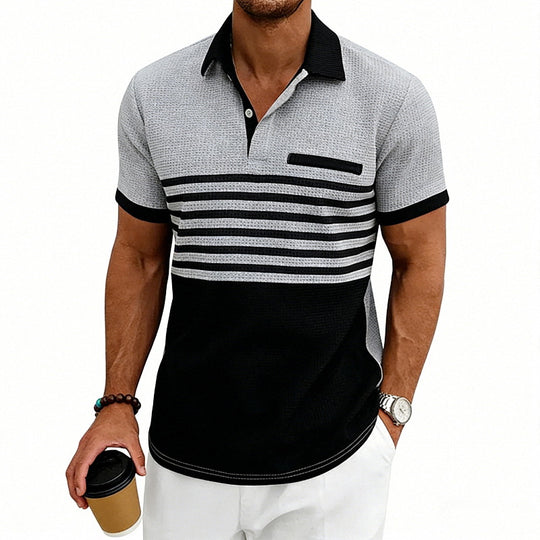 Herren nan Jacquard-Polo mit Blockstreifen, Brustblende und Baumwollmix EB