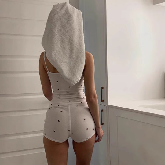 Damen Schlafshorts-Set mit süßem Herzmuster EB