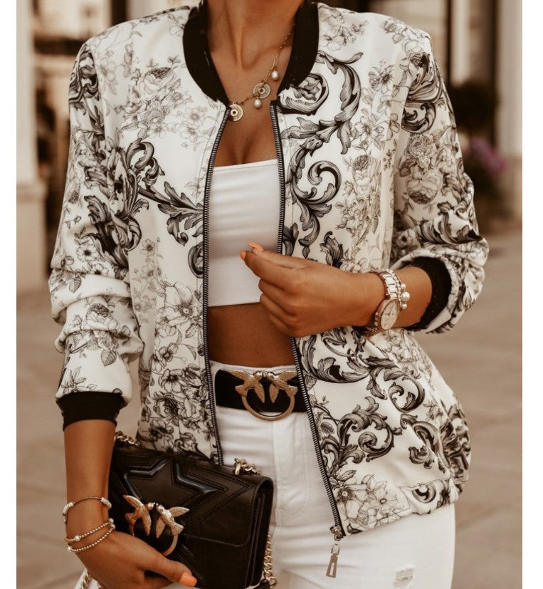 Damen Sportliche Bomberjacke mit floralem Print und Reißverschluss EB
