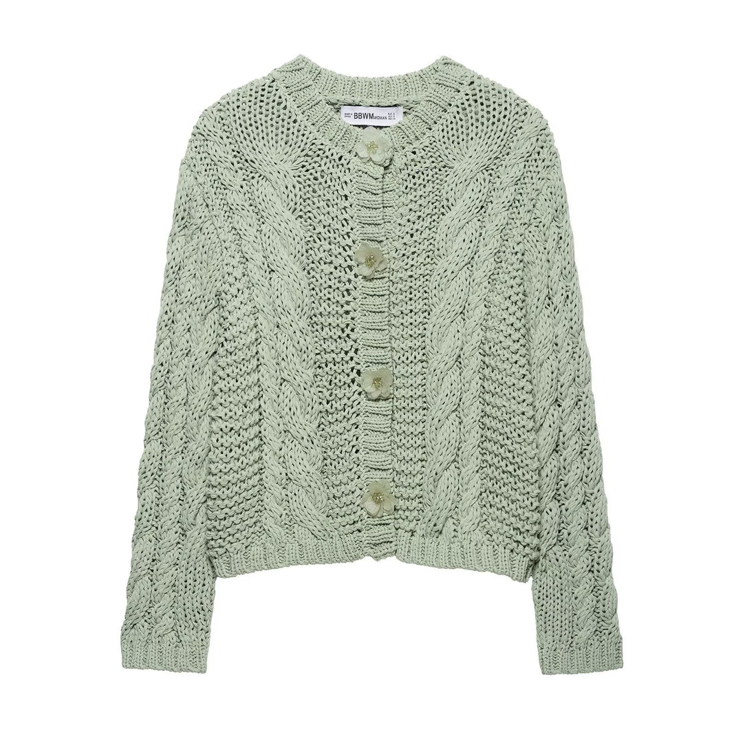Damen Strickjacke mit Zopfmuster und Knopfdetails EB
