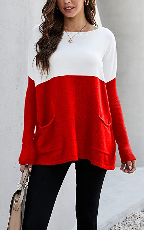 Damen Strickpullover mit großen Fronttaschen und kontrastiertem Design EB
