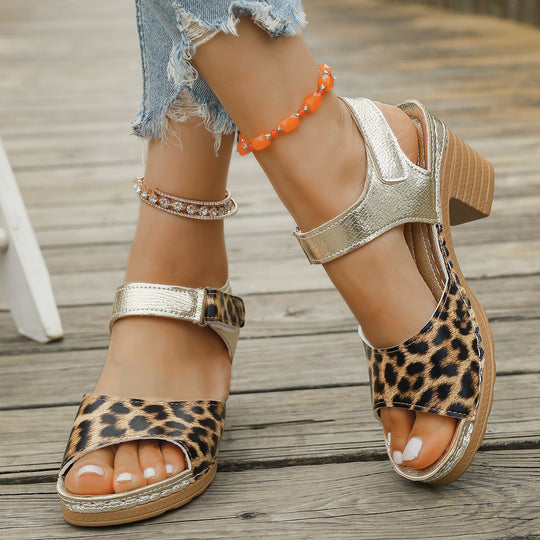 Damen Blockabsatz-Sandalen mit modischem Leopardenmuster und verstellbarem Riemen EB
