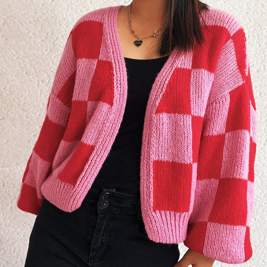 Damen lässige Strickjacke mit Karomuster und voluminösen Ärmeln EB
