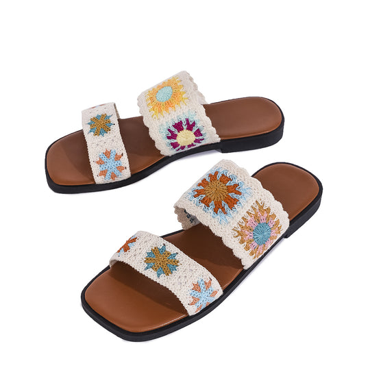 Damen Sommer-Sandalen mit floralem Häkelmuster und bequemer Sohle EB