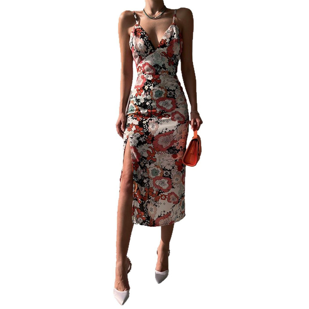 Damen Chic Freizeitkleid mit tiefem Schlitz und elegantem V-Ausschnitt EB