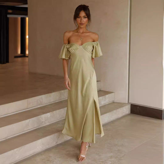 Damen Maxikleid mit voluminösen Rüschendetails und seitlichem Schlitz EB