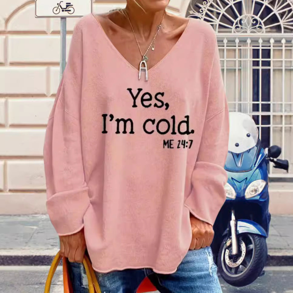 Damen Oversized Pullover mit modernem V-Ausschnitt und aufgedrucktem Statement EB