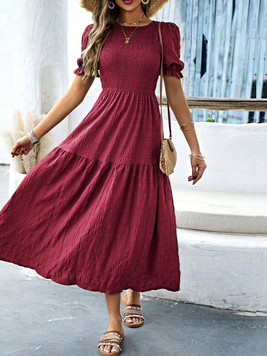 Damen Midikleid mit elastischem Taillenbund und schwingendem Rock EB
