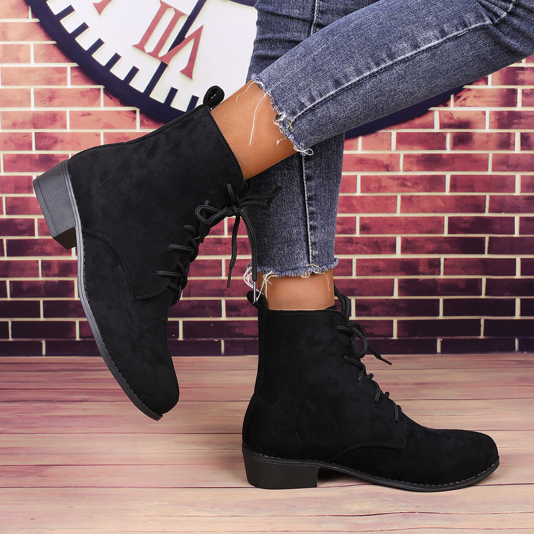 Damen nan knöchelhohe Schnürstiefelette mit soften Veloursoptik, praktischer Zugschlaufe und niedrigem Blockabsatz EB