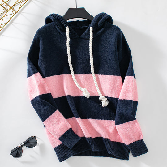 Damen Kapuzenpullover mit breiten Streifen und weichem Material EB