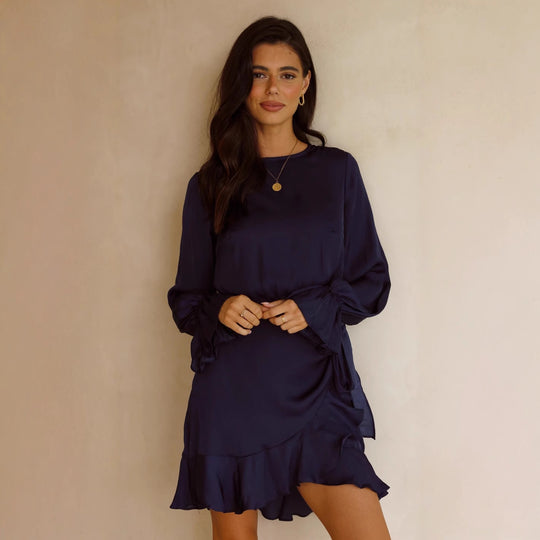 Damen Wickelkleid mit schwingenden Volant-Ärmeln und elegantem Taillenband EB