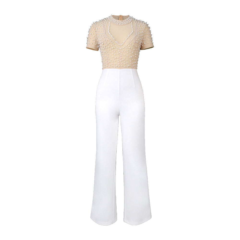 Damen eleganter Jumpsuit mit glitzernden Perlenakzenten EB