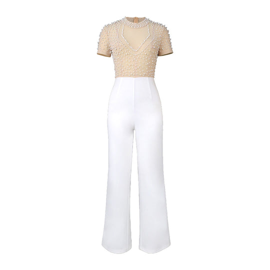 Damen eleganter Jumpsuit mit glitzernden Perlenakzenten EB