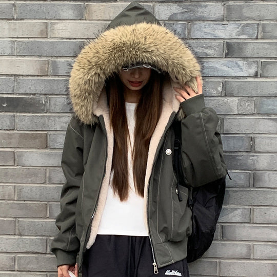 Damen gefütterte Winterjacke mit abnehmbarem Kunstfellkragen und großen Taschen EB