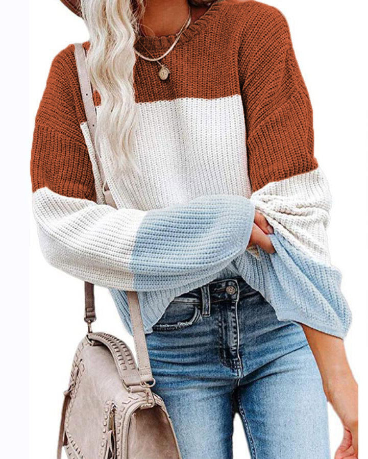 Damen modischer Strickpullover mit farbigem Blockdesign und weitem Schnitt EB