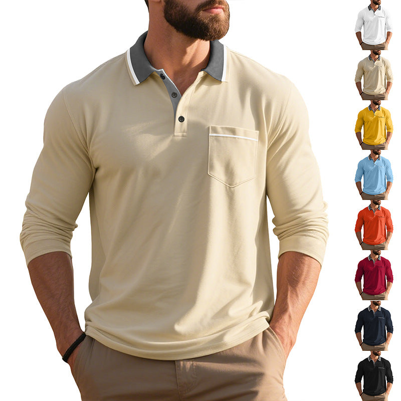 Herren nan langärmeliges Polohemd mit Kontrastkragen, Brusttasche und feinem Baumwollstretch EB