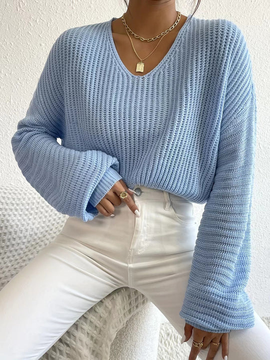 Damen lässiger Sweater mit weitem V-Ausschnitt und langen Ärmeln EB