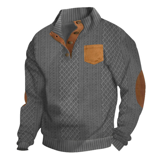 Herren Strukturiertes Kabelstrick-Sweatshirt mit Halbknopfblende, Kunstleder‑Patchtasche & Ellbogenpatches EB