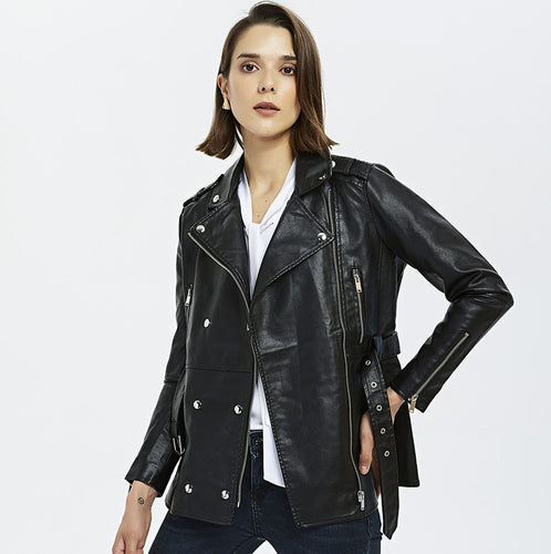 Damen zeitlose Bikerjacke aus Kunstleder mit Gürtel und Reißverschlussdetails EB