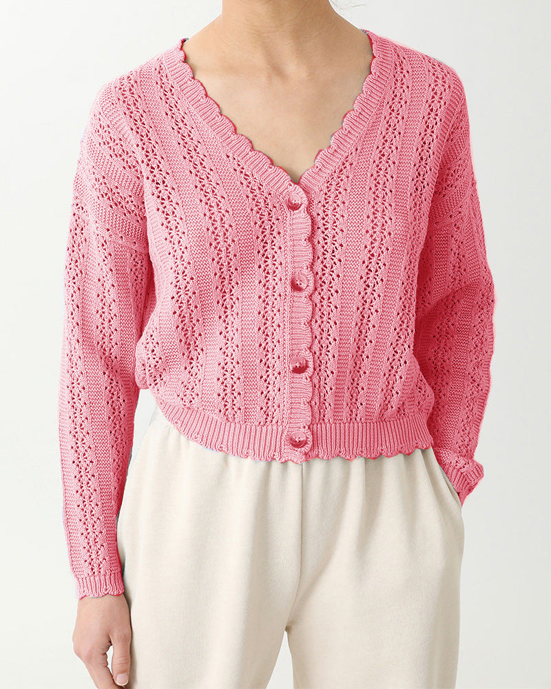 Damen Strickjacke mit filigranem Lochmuster und Wellenabschlüssen EB