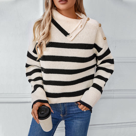 Damen Rollkragenpullover mit Knopfdetails und Streifendesign EB