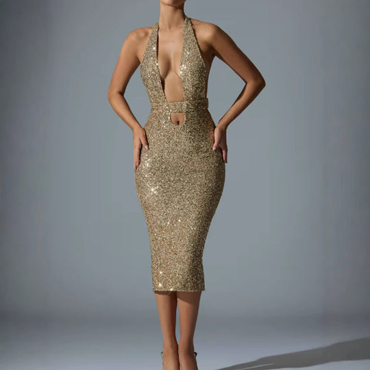 Damen Glamouröses Pailletten-Midi-Kleid mit tiefem V-Ausschnitt und figurbetonter Silhouette EB