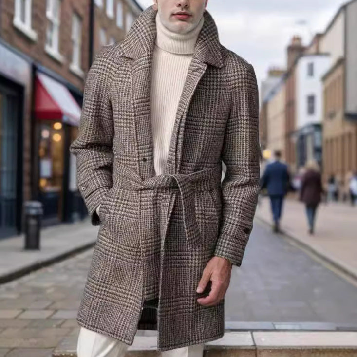 Herren eleganter Trenchcoat mit modernem Karomuster und Taillengürtel EB