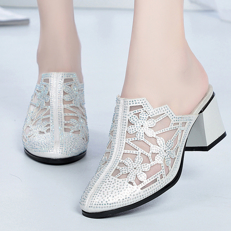 Damen Elegante und luftige Mules mit schimmerndem Strassdetail EB