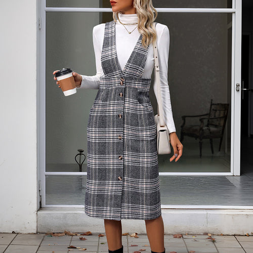 Damen Karierter Jumpsuit mit dezenter Knopfleiste und breiten Trägern EB