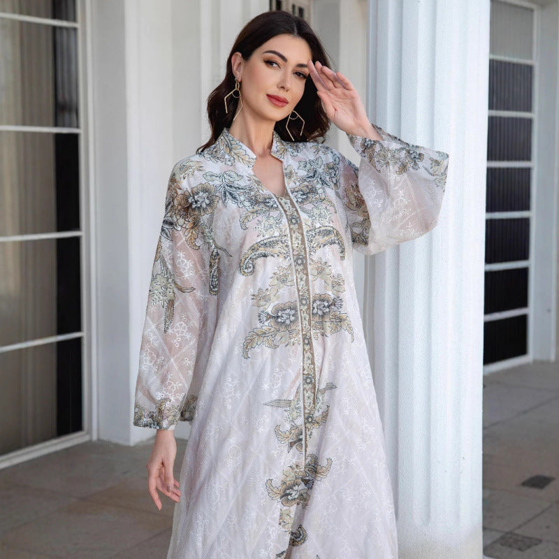 Damen Elegante Kaftan mit floralem Design und transparenten Ärmeln EB