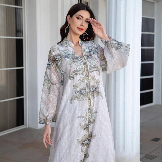 Damen Elegante Kaftan mit floralem Design und transparenten Ärmeln EB