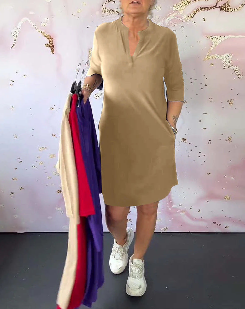 Damen nan knielanges legeres Jerseykleid mit Stehkragen und V-Ausschnitt EB