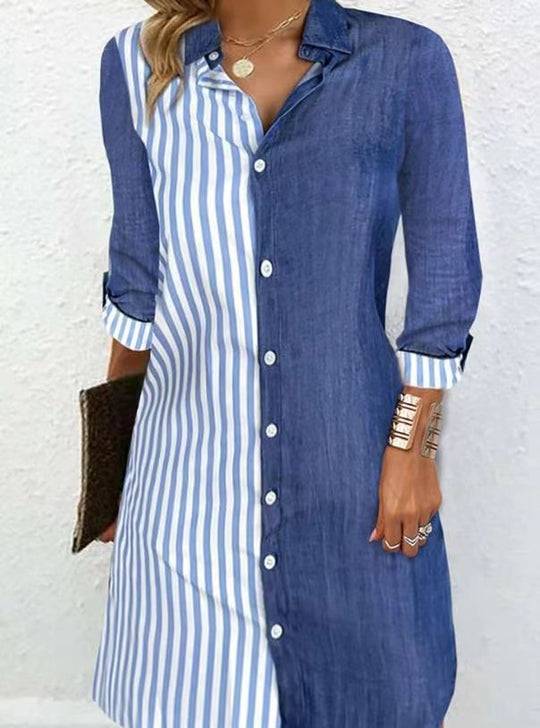 Damen Hemdblusenkleid mit diagonalen Streifen und klassischen Knöpfen EB