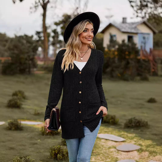 Damen Strickjacke mit langen Ärmeln und praktischen Taschen EB