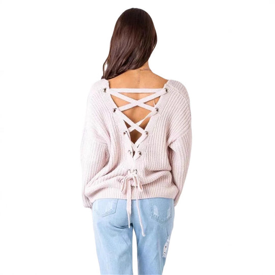 Damen Strickpullover mit dekorativem Rückenausschnitt und Schnürung EB