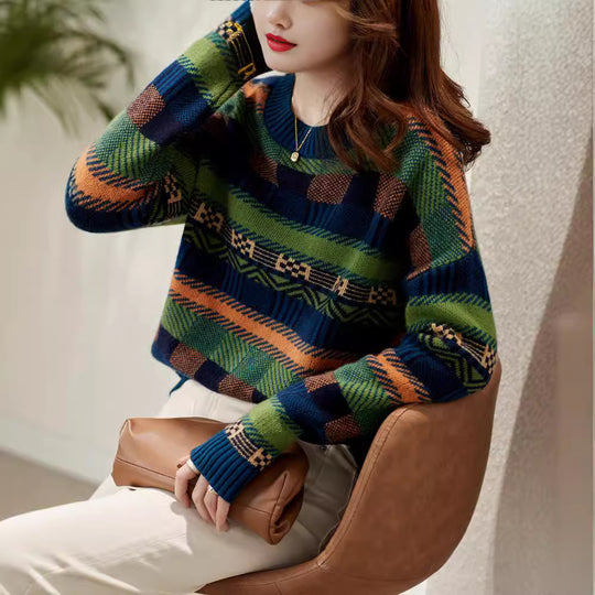 Damen Gemusterter Strickpullover mit Rundhalsausschnitt und weich-flauschiger Textur EB