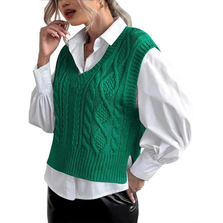 Damen Strickweste mit V-Ausschnitt und Zopfmuster EB