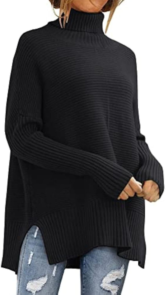 Damen Oversize-Rippenstrick Rollkragenpullover mit Seitenschlitzen und verlängertem Saum EB