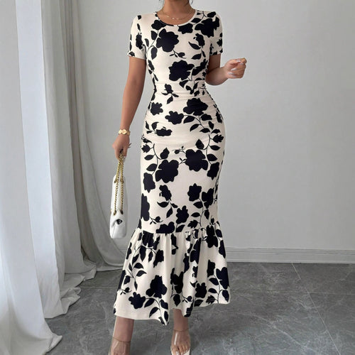 Damen Elegantes figurbetontes Kleid mit Rüschen-Saum und floralem Muster EB