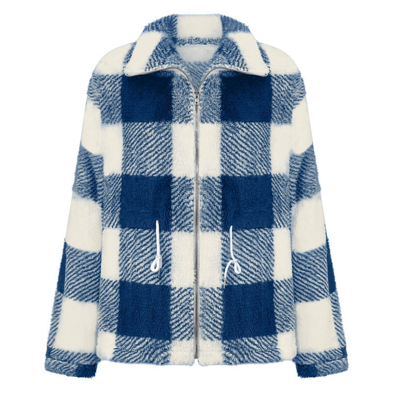 Damen kuschelige Oversize-Jacke mit kariertem Muster EB