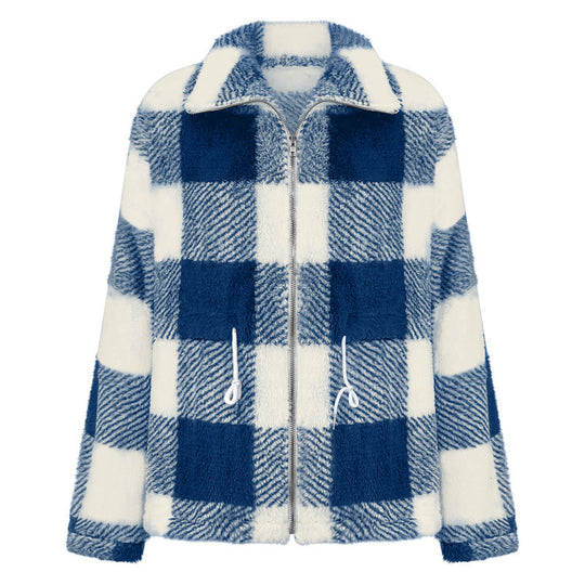 Damen kuschelige Oversize-Jacke mit kariertem Muster EB