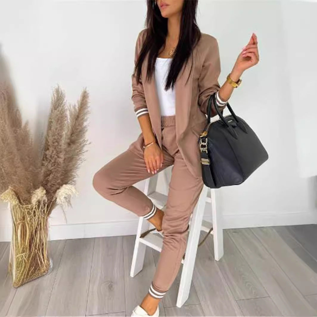 Damen nan sportlich-elegantes Blazer-Jogginghose Zweiteiler mit elastischem Bund und Bündchen EB