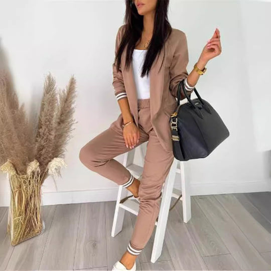 Damen nan sportlich-elegantes Blazer-Jogginghose Zweiteiler mit elastischem Bund und Bündchen EB