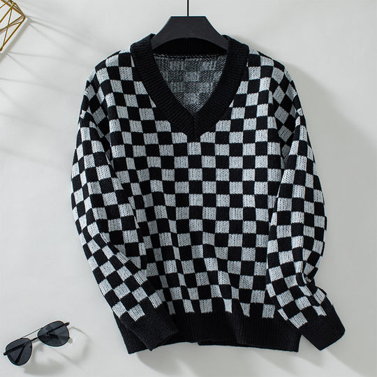 Damen lässiger V-Ausschnitt Pullover mit Karo-Muster und lockerer Passform EB