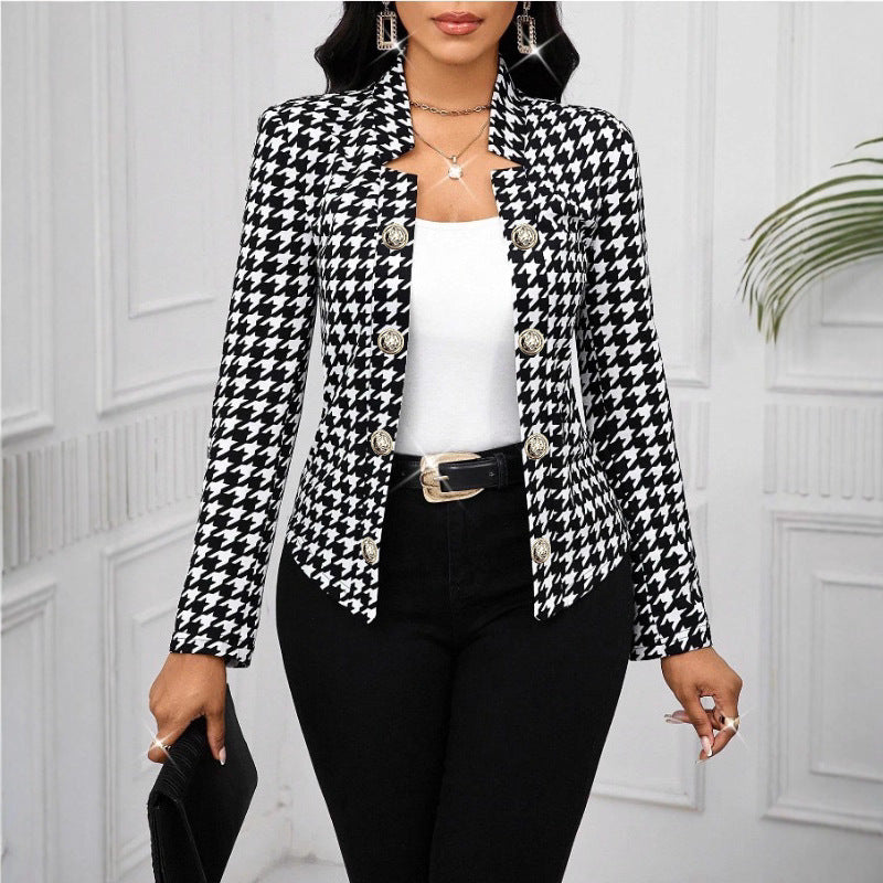 Damen Elegante Blazerjacke im Hahnentritt-Muster mit glänzenden Knöpfen EB