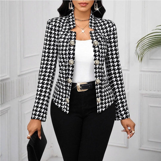 Damen Elegante Blazerjacke im Hahnentritt-Muster mit glänzenden Knöpfen EB