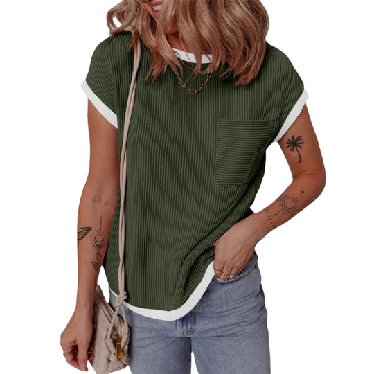 Damen modisches T-Shirt mit strukturiertem Material und Brusttasche EB