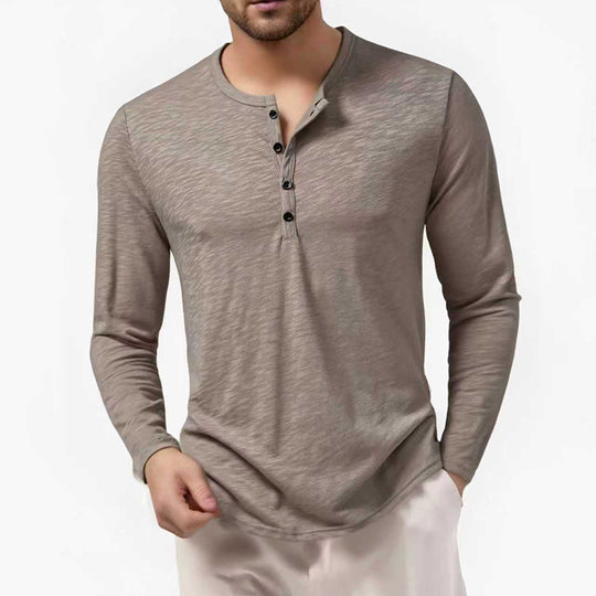 Herren nan Slim-Fit Henley Langarmshirt mit kurzem Knopfverschluss und abgerundetem Saum EB
